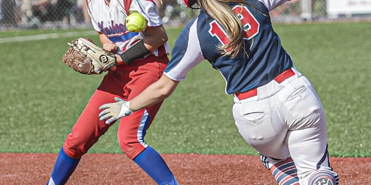 Herbert Hoover’s Brooklyn Huffman, left, can’t handle the throw from home as Independence’s Chloe Hart steals secondbase during Tuesday WV State Tournament action in South Charleston. (F. Brian Ferguson/Lootpress)