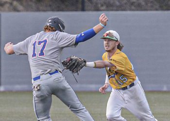 Champion City’s Brent Widder, left, is tagged out by Miners shortstop Jake Reifsnyder on a failed steal attempt during a game last season in Beckley. (F. Brian Ferguson/Lootpress)