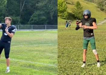 Wyoming County quarterbacks Jaxon Cogar (left) and Jackson Danielson (right) practice on Aug. 9.