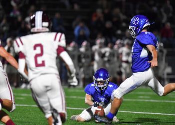 Princeton's Casey Geso kicks the game-winning field goal as time expires in Princeton 39-36 victory over Bluefield Sept. 3, 2021 at Hunnicutt Stadium. (Greg Barnett/For Lootpress)