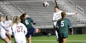 Concord’s Alyssa Mahar  (12) hits a header during the first half of their soccer game against Mercyhurst in Beckley on Friday, Nov. 18, 2021 (Photo by Chris Jackson)