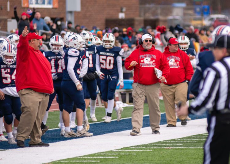 Independence coach John h. Lilly patrols the sideline during the team's 34-20 semifinal win over Bluefield Friday Nov. 26. (Heather Belcher/Lootpress)