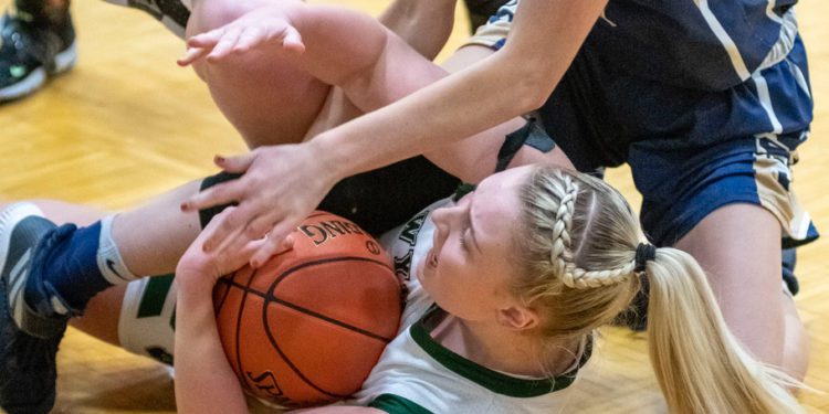 Wyoming East's Hannah Blankenship dives for a loose ball during a matchup with Shady Spring on Nov. 30 in New Richmond. (Heather Belcher/Lootpress)