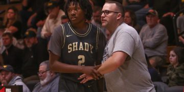 Shady Spring head coach Ronnie Olson coaches sophomore Ammar Maxwell up during a game against Greenrbrier East in Fairlea on Feb. 8 (Karen Akers/File Photo)