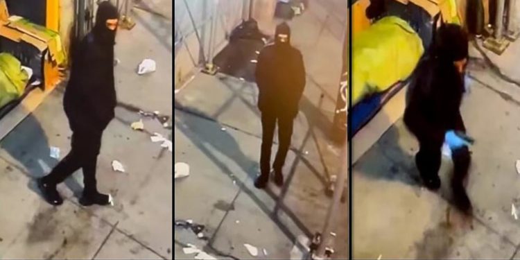 These images taken from surveillance video and provided by the New York Police Department show a man suspected of shooting two homeless people on Saturday, March 12, 2022 in New York. A search is underway for the gunman who has been stalking and shooting homeless men sleeping on the streets of Washington, D.C., and New York City. Authorities say the gunman killed two people and wounded three more in less than two weeks. (New York Police Department via AP)