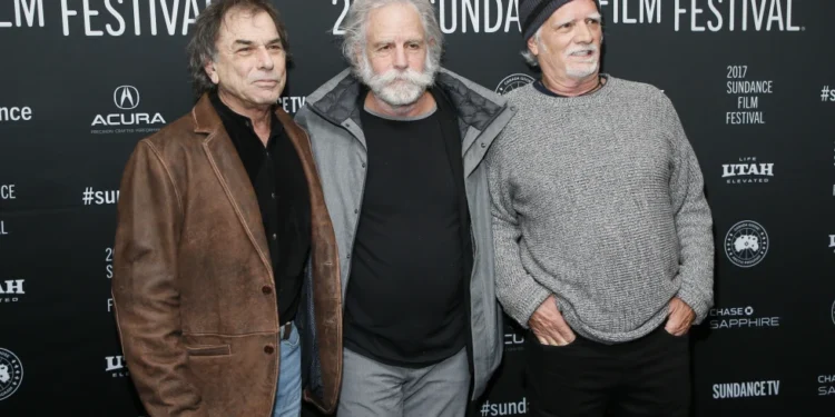 FILE - Mickey Hart, from left, Bob Weir, and Bill Kreutzmann pose at the premiere of "Long Strange Trip," a documentary about the Grateful Dead rock group, during the 2017 Sundance Film Festival on
Monday, Jan. 23, 2017, in Park City, Utah. (Photo by Danny Moloshok/Invision/AP, File)