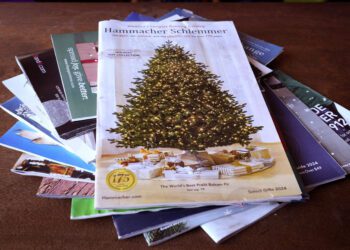 A collection of 2024 holiday catalogs are displayed Monday, Nov. 25, 2024, in Freeport, Maine. Catalog retailers, reeling from U.S. postal rate increases, have responded with pint-sized catalogs this holiday season. (AP Photo/Robert F. Bukaty)